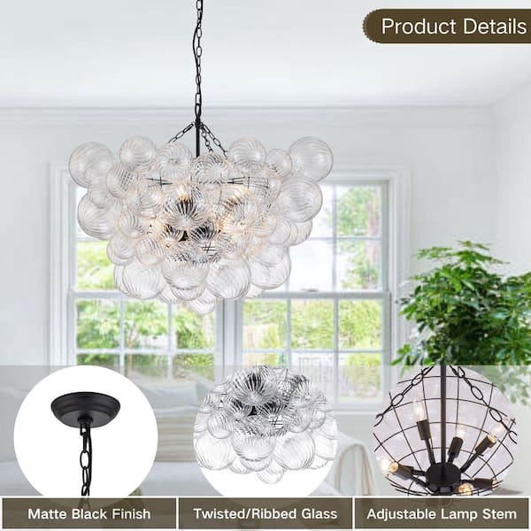 HUOKU Neuvy 8-Light 33 in. W Black Chandelier with Swirled-Glass