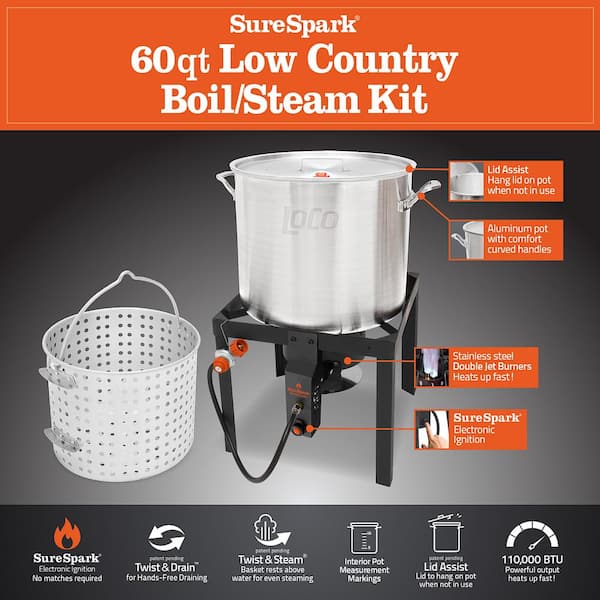 LOCO 60 qt. SureSpark Crawfish Boiler with Basket and Stand
