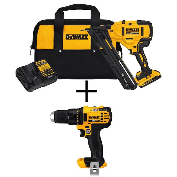 DEWALT 20V MAX Lithium-Ion 15-Gauge Cordless Finish Nailer Kit and 20V MAX Cordless Compact 1/2 in. Drill/Drill Driver