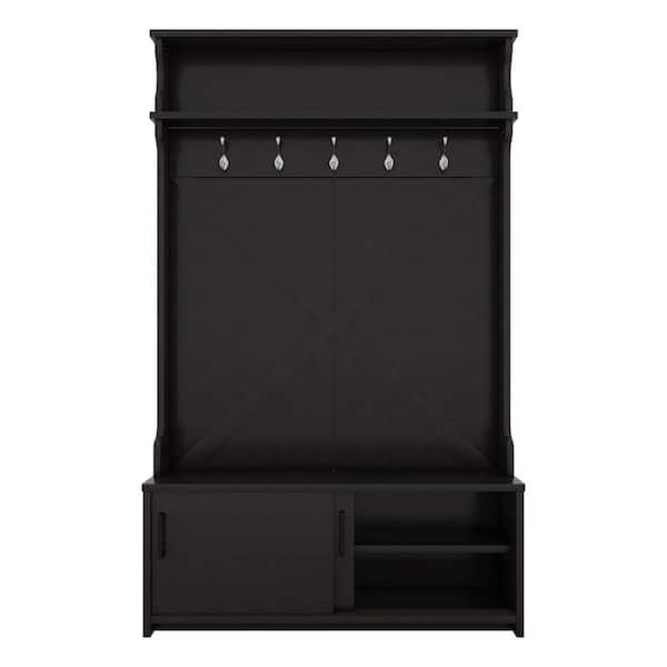 Black Hall Tree with Top Shelf and Storage Bench, Hallway Shoe Cabinet with 5 Hanging Hooks