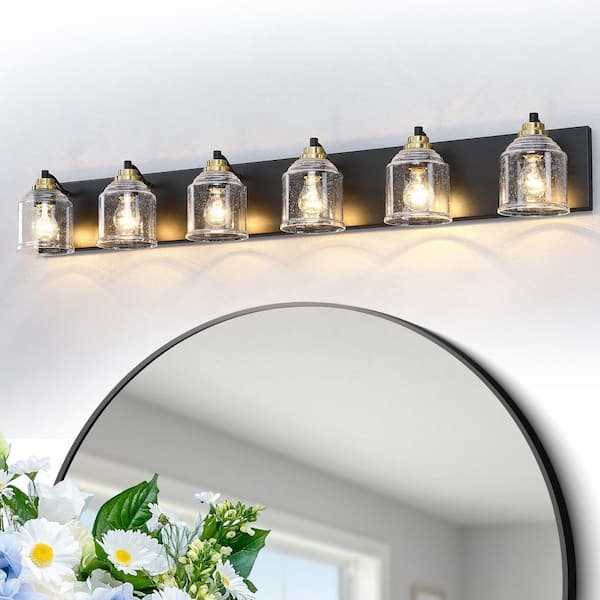 Modern 48.5 in. 6-Light Matte Black and Gold Metal Bathroom Vanity Light with Clear Seeded Glass Shades