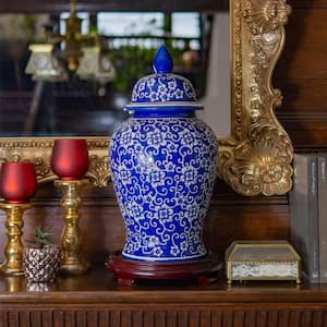 18 in. White Flowers on Blue Temple Jar