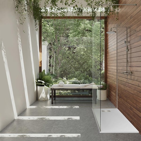 32 in. W x 60 in. L x 1.125 in. H Alcove Solid Composite Stone Shower Pan Base with L/R Drain in White Sand