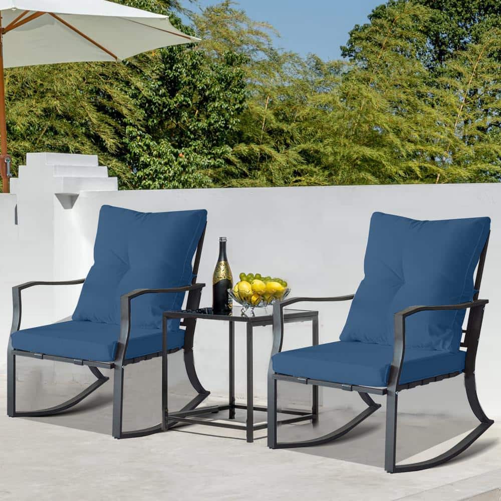 Cesicia Black Metal Outdoor Rocking Chair with Blue Cushions and Coffee