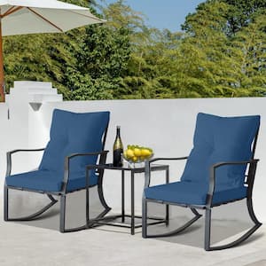 Black Metal Outdoor Rocking Chair with Blue Cushions and Coffee Table (3-Pack)