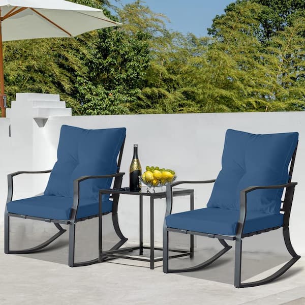 Cesicia Black Metal Outdoor Rocking Chair with Blue Cushions and Coffee Table (3-Pack)