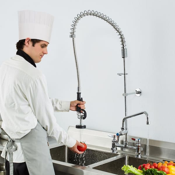 Commercial Faucet 44 in. Double Handle Pull Down Sprayer Kitchen Faucet for 1/2/3 Compartment Sink in Silver