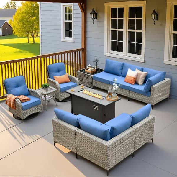 HOOOWOOO Howell 11-Piece Wicker Outdoor Furniture Patio Fire Pit Conversation Sofa Set with Swivel Chairs and Sky Blue Cushions
