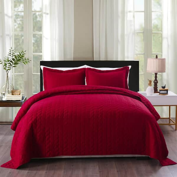 MarCielo Leaf 3-Piece Crimson Floral Microfiber Polyester Queen Size Lightweight Quilt Bedspread Set