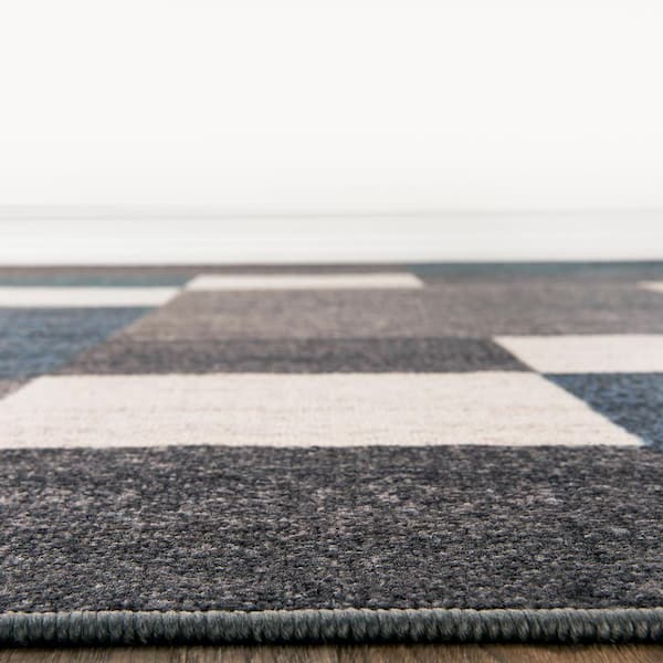 Geometric Boxes Design Non-Slip (Non-Skid) Blue 6 ft. 6 in.  x  in. 6 ft. 6 in.  Square Indoor Area Rug