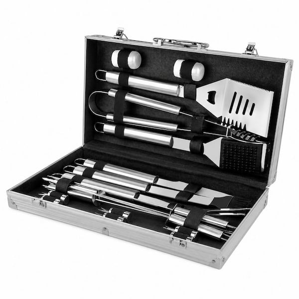 18-Piece Stainless Steel BBQ Grill Tool Set Silver Finish with Utensils, Skewers, Steak Forks, Aluminum Case
