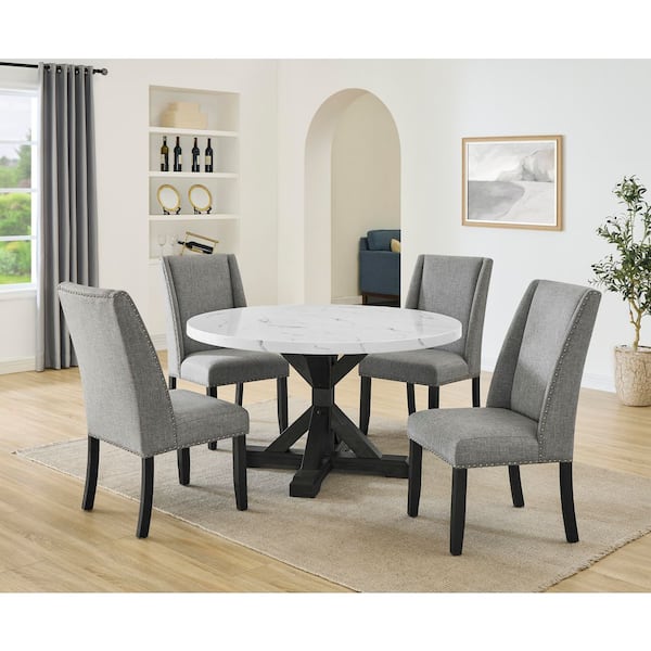 Best Quality Furniture Austin 5-Piece White Faux Marble Top Wood Rustic Grey Base Dining Set with 4 Grey Chairs