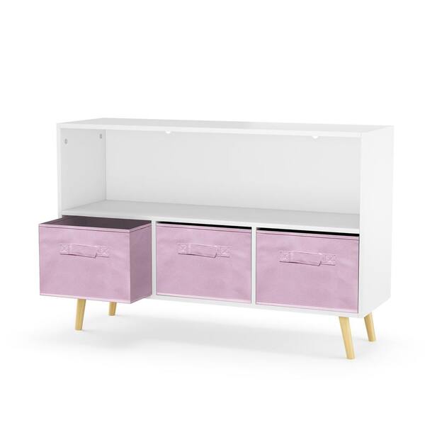 Tatahance White-Pink Storage Cabinet Organizer Kids Bookcases with Collapsible Fabric Drawers