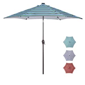 8.7 ft. Outdoor Market Table Umbrella with Push Button Tilt, Crank and 24 LED Lights in Blue Striped