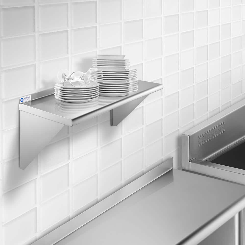 14" x 24" Silver Stainless Steel Wall-Mount Shelf with Backsplash