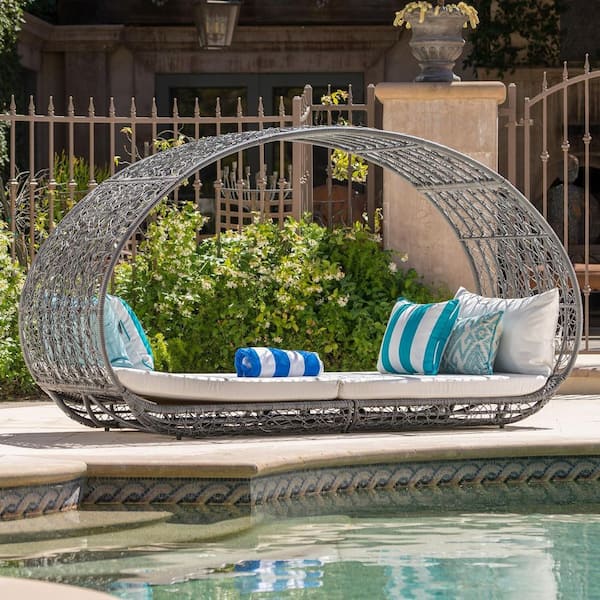 Luxurious Grey Wicker Outdoor Day Bed with Aluminum Frame and White Water-Resistant Cushion