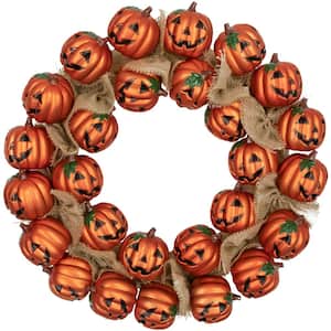 20 in. Orange Unlit Artificial Jack-O-Lantern and Burlap Ribbon Halloween Wreath