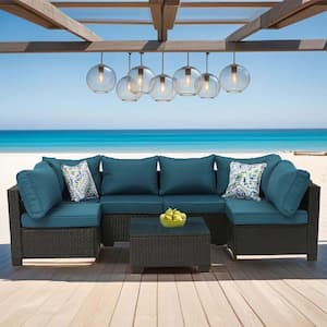 Dark Brown 7-Piece PE Rattan Wicker Patio Conversation Set with Glass Table and Peacock Blue Cushions, 2-Pillows