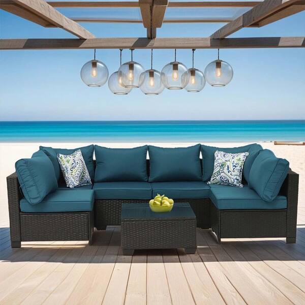 Sudzendf Dark Brown 7-Piece PE Rattan Wicker Patio Conversation Set with Glass Table and Peacock Blue Cushions, 2-Pillows