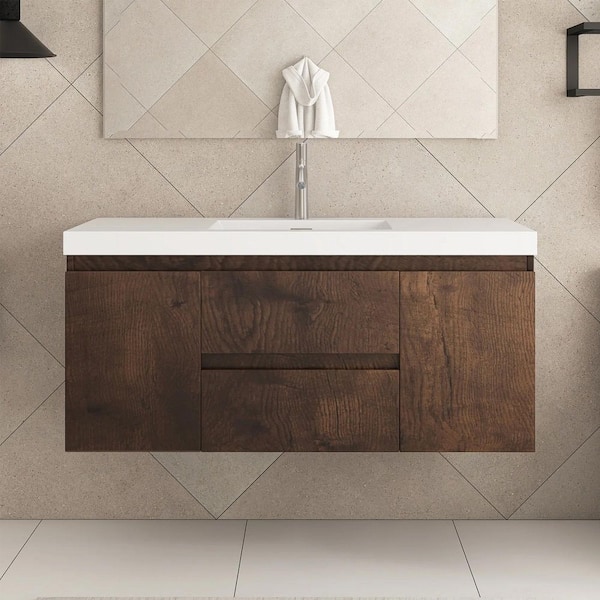 Boosicavelly 48 in. W x 19.5 in. D x 22.5 in. H Double Sink Wall-Mounted Bath Vanity in Rose Wood with White Resin Top