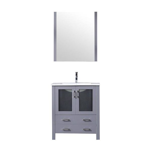Volez 30 in W x 18 in D Dark Grey Bath Vanity, Integrated White Ceramic Top, Faucet Set and 28 in Mirror