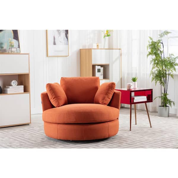 J&E Home Orange Linen Fabric Swivel Barrel Accent Modern Sofa Round Chair with 3-Pillows