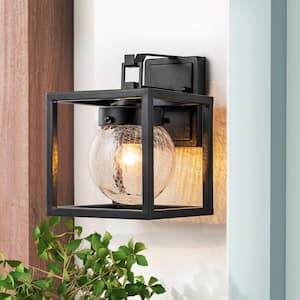 Ainsworth 1-Light Satin Black Outdoor Hardwired Waterproof Lantern Wall Sconce with Crackle Bubble Globe Glass