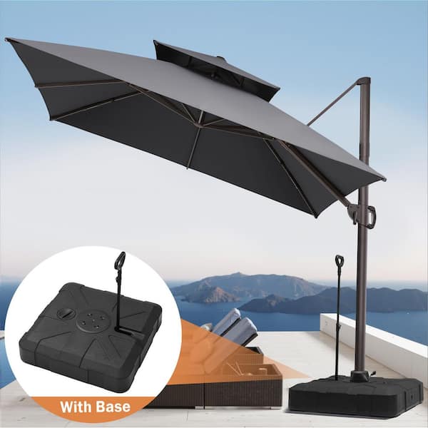 Pellebant 2-Tier Top 11 ft. Square Aluminum Outdoor 360° Rotation Cantilever Patio Umbrella in Gray with 300 lbs. Wheeled Stand