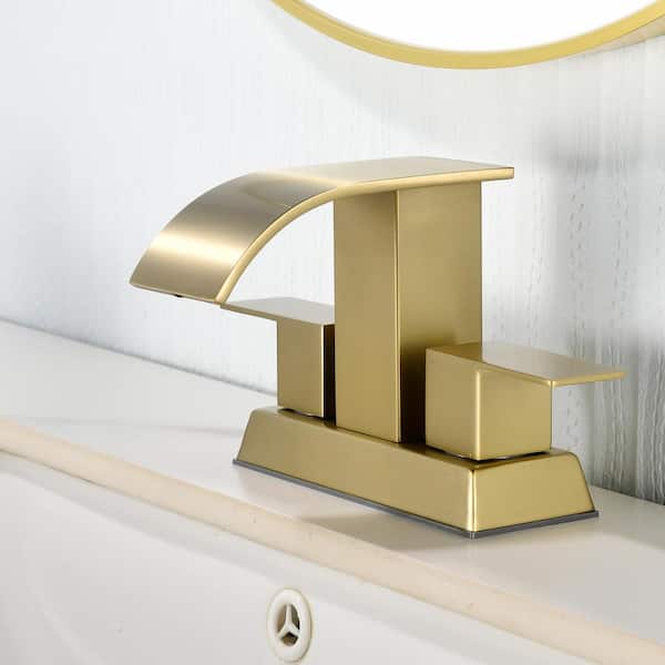 4 in. Centerset Double Handle Bathroom Faucet with Drain Kit Included, Wide Waterfall Spout Faucet in Brushed Gold