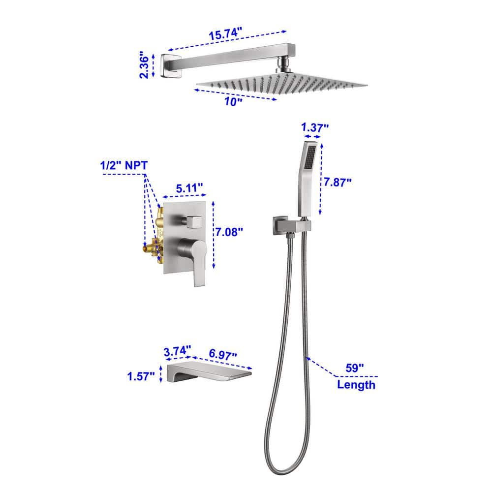 Brushed Nickel 10" Rain Shower Faucet Set with Handheld