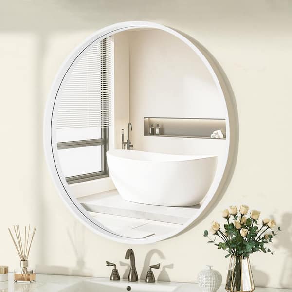 White 28 in. W x 28 in. H Farmhouse Round Wood Framed Wall Mirror