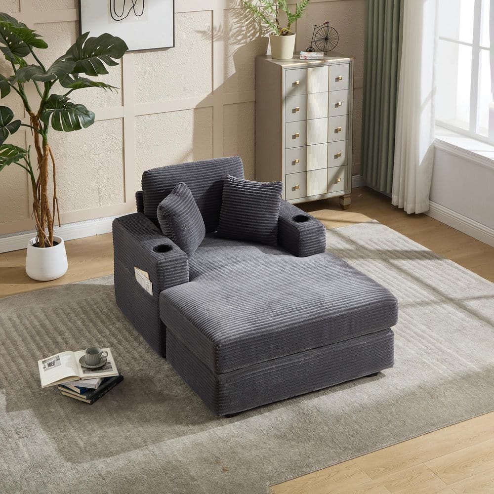 Corvire Modern Grey Corduroy Upholstered Chaise Lounge 1-Seater Sofa with Pillows, Side Pocket and Cup Holders