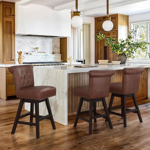 cozyman 26 in. Brown Faux Leather Swivel Barstool Solid Wood Counter Stool with Nail head Trim and Tufted Backrest Set of 4