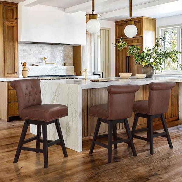 OrangeOne 26 in. Brown Faux Leather Swivel Barstool Solid Wood Counter Stool with Nail head Trim and Tufted Backrest Set of 3