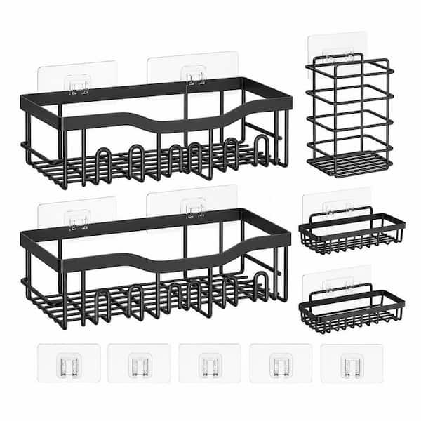 Adhesive Mount 40Lbs Capacity Rustproof Large Shower Caddy, 5 Pack Rustproof Stainless Steel Bath Organizers, in Black