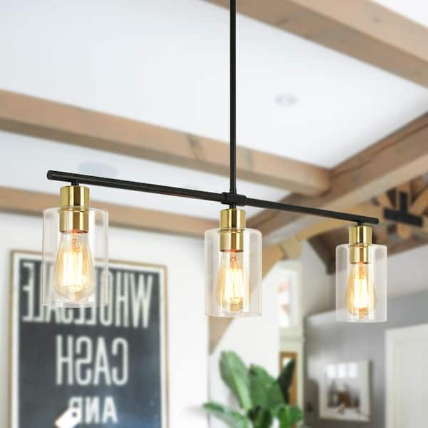 Delmis 3 Light Black/Gold Pendant Kitchen Linearlsland Rustic Chandelier with Clear Glass Shades No Bulbs lncluded