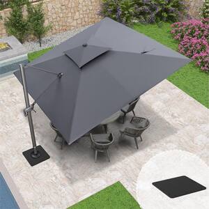 11 ft. Square 2-Tier Aluminum Cantilever 360° Rotation Patio Umbrella with Base in Ground, Gray