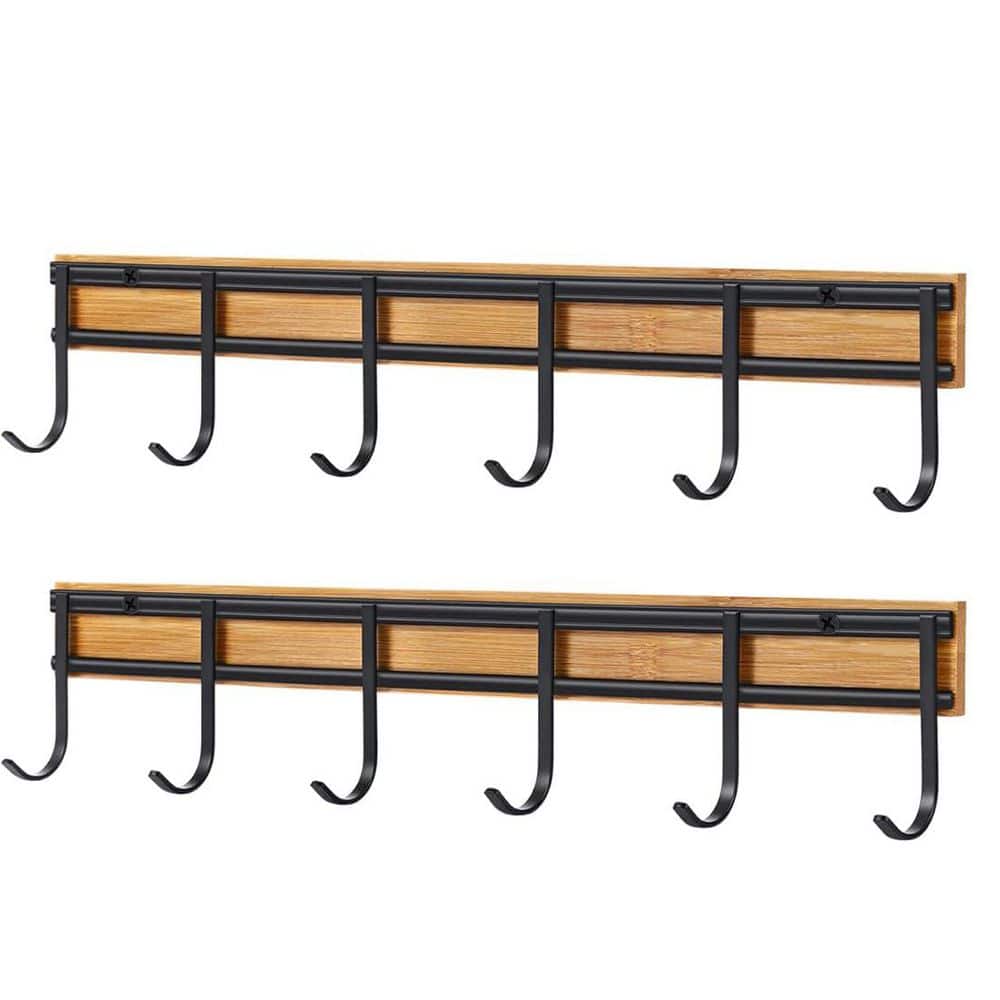 Kitchen Utensil Rack 2-Piece Black Metal Bamboo Wall Mounted Accessory Hang
