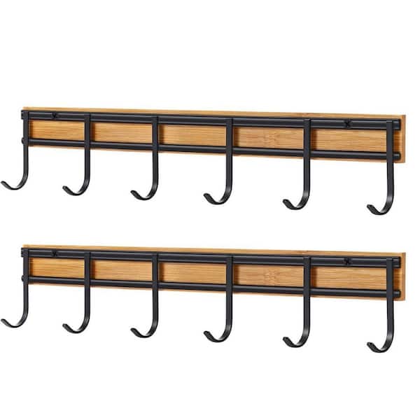 Kitchen Utensil Rack 2-Piece Black Metal Bamboo Wall Mounted Accessory Hanger with 6 Hooks Kitchen Bathroom Metal Tool