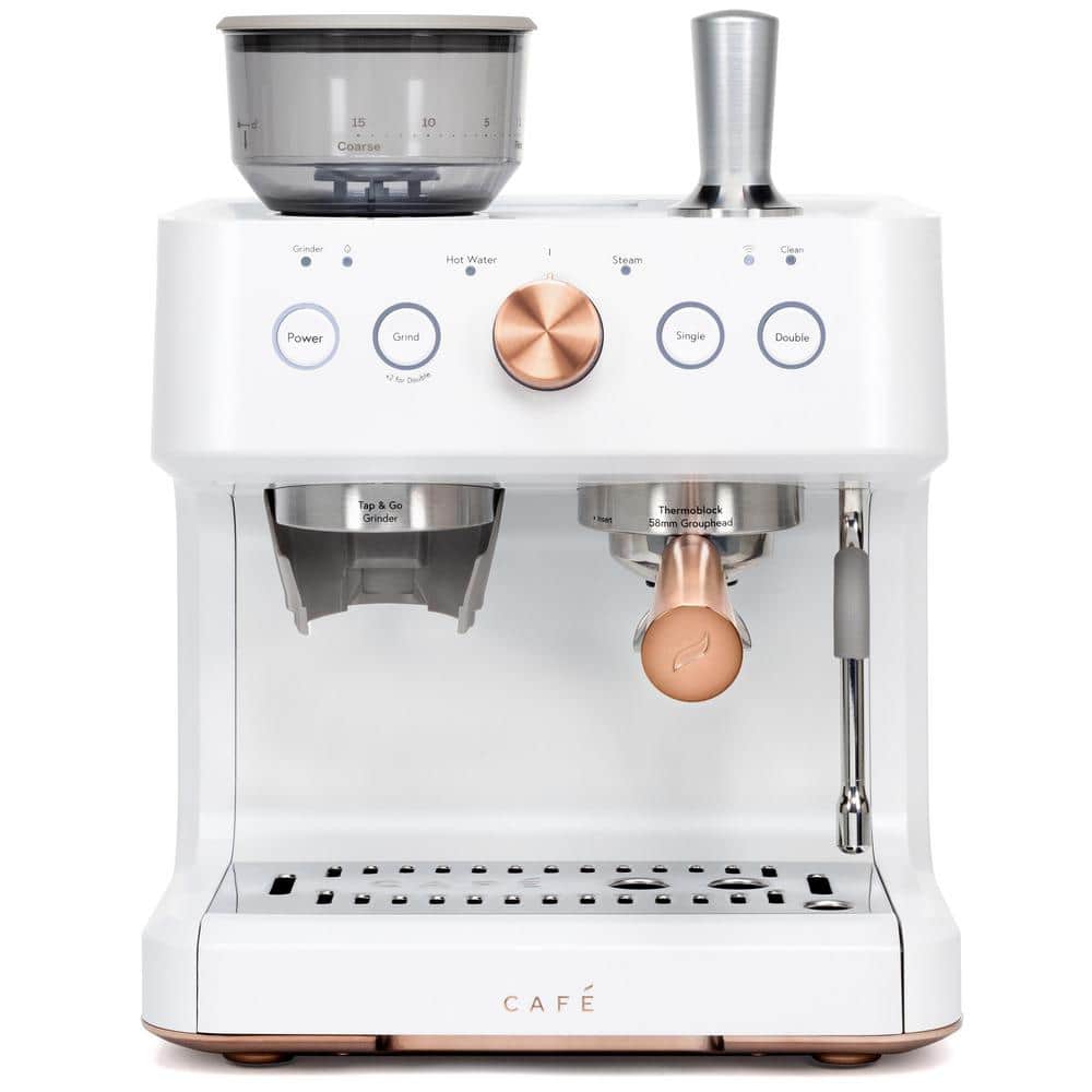 1-Cup Matte White Semi Automatic Espresso Machine with Built-In Grinder, Frother, Frothing Pitcher, and Wi-Fi Connected