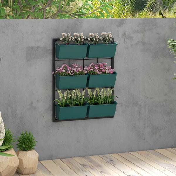 Oyezvary 20.5 in. x 26 in. Green Metal Wall Mounted 3-Tier Wall Planter with 6 Pots, Self Draining for Vegetables, Flowers, Herbs