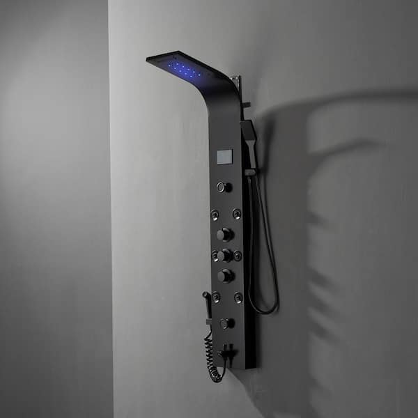 Dual 5-in-1 8-Jet Rainfall Shower Panel System with Waterfall Shower Head and Shower Wand With LED Light in Black