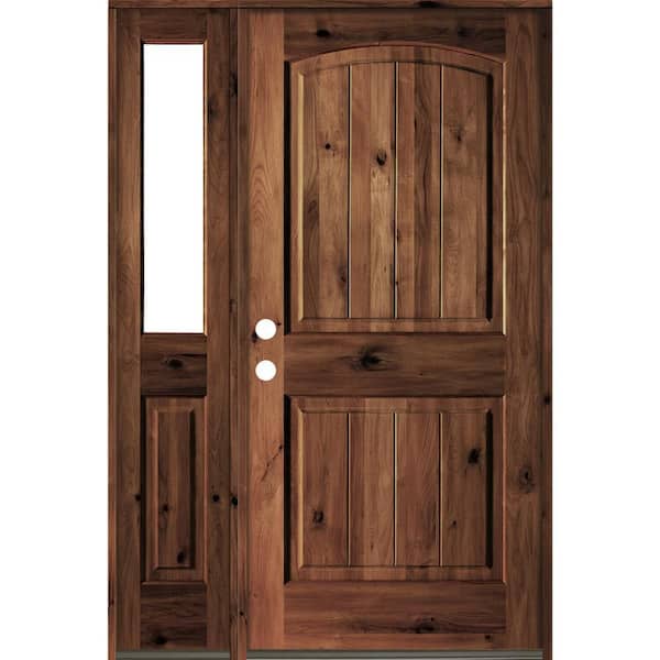 Krosswood Doors 56 in. x 80 in. Rustic knotty alder Right-Hand/Inswing Clear Glass Red Mahogany Stain Wood Prehung Front Door w/Sidelite