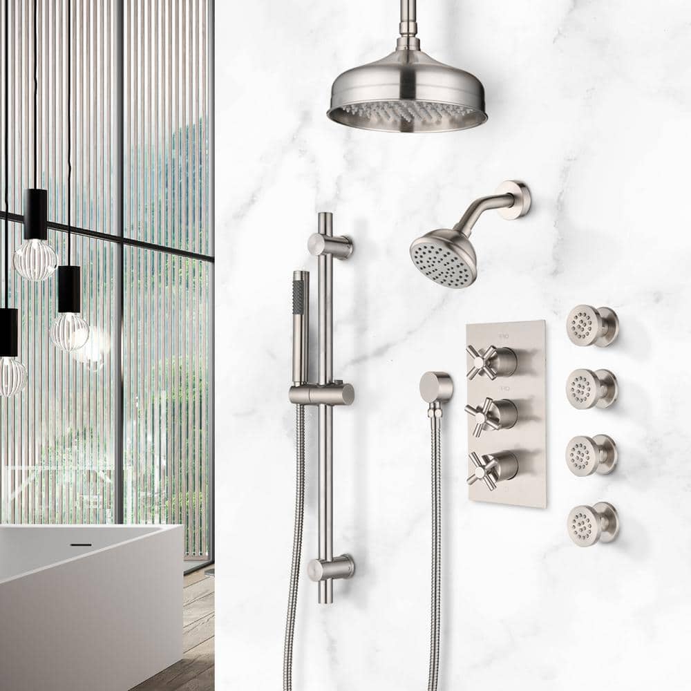 Brushed Nickel Dual Shower Head System with Body Jets
