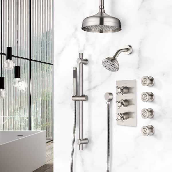 8 in.Ceiling-Mounted Shower System with Sliding Bar and 4 Body Sprays in Brushed Nickel