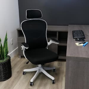 High Back Mesh and Fabric Adjustable Height Office Chair in White and Black with Arms