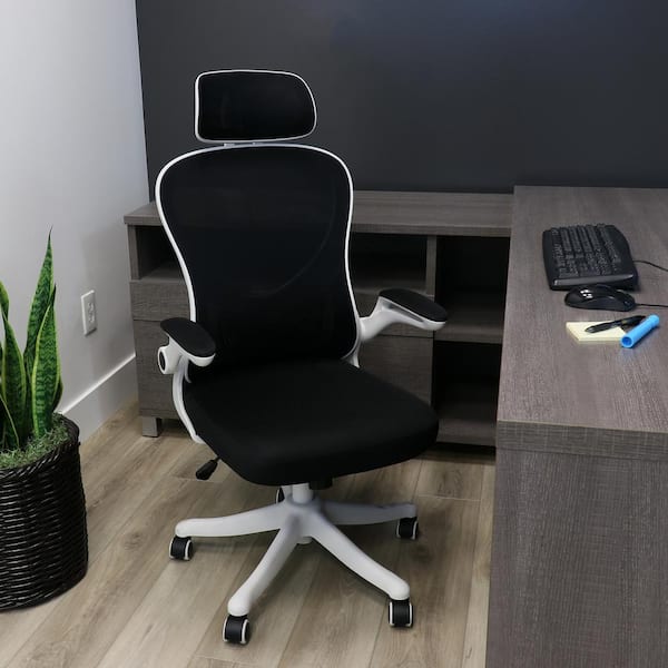 Elama High Back Mesh and Fabric Adjustable Height Office Chair in White and Black with Arms