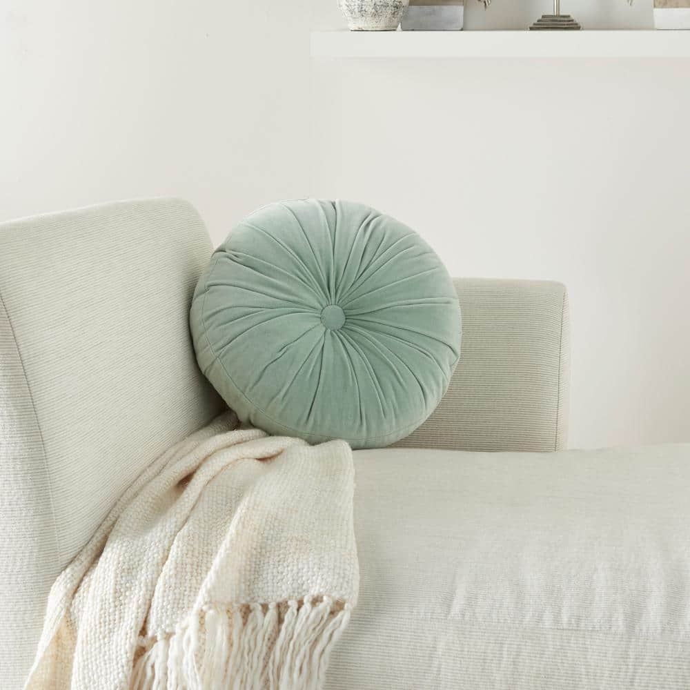 Celadon Round Gathered Velvet Throw Pillow, 16"