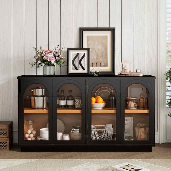 Black Solid Wood Buffet Cabinet with Glass Doors and Adjustable Shelves
