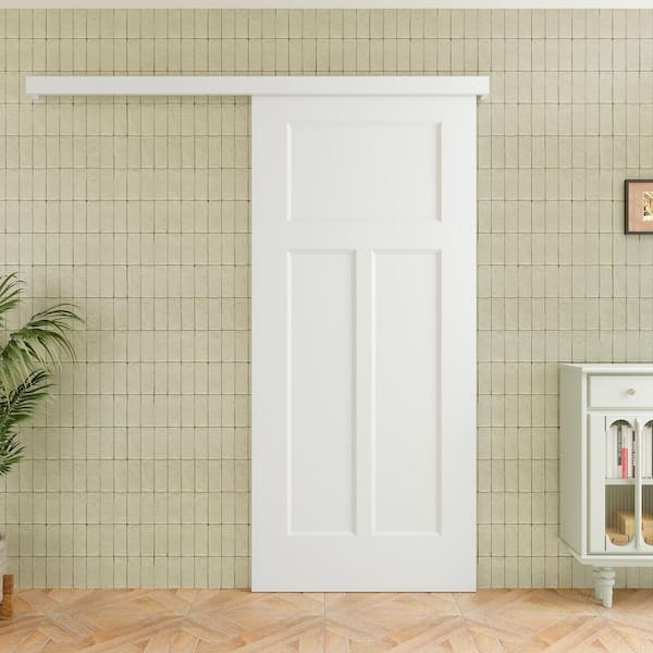 36 in. x 80 in. Hidden Track Style T Shape 3 Panel Solid Core White Primed MDF Sliding Barn Door with Hardware Kit